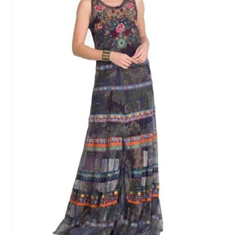 Johnny Was Farley Embroidered Mesh Maxi Dress Multi - Large